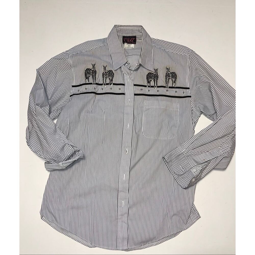 PGB Vintage Women Striped Black White Button Down With Zebra Embroidery SZ small